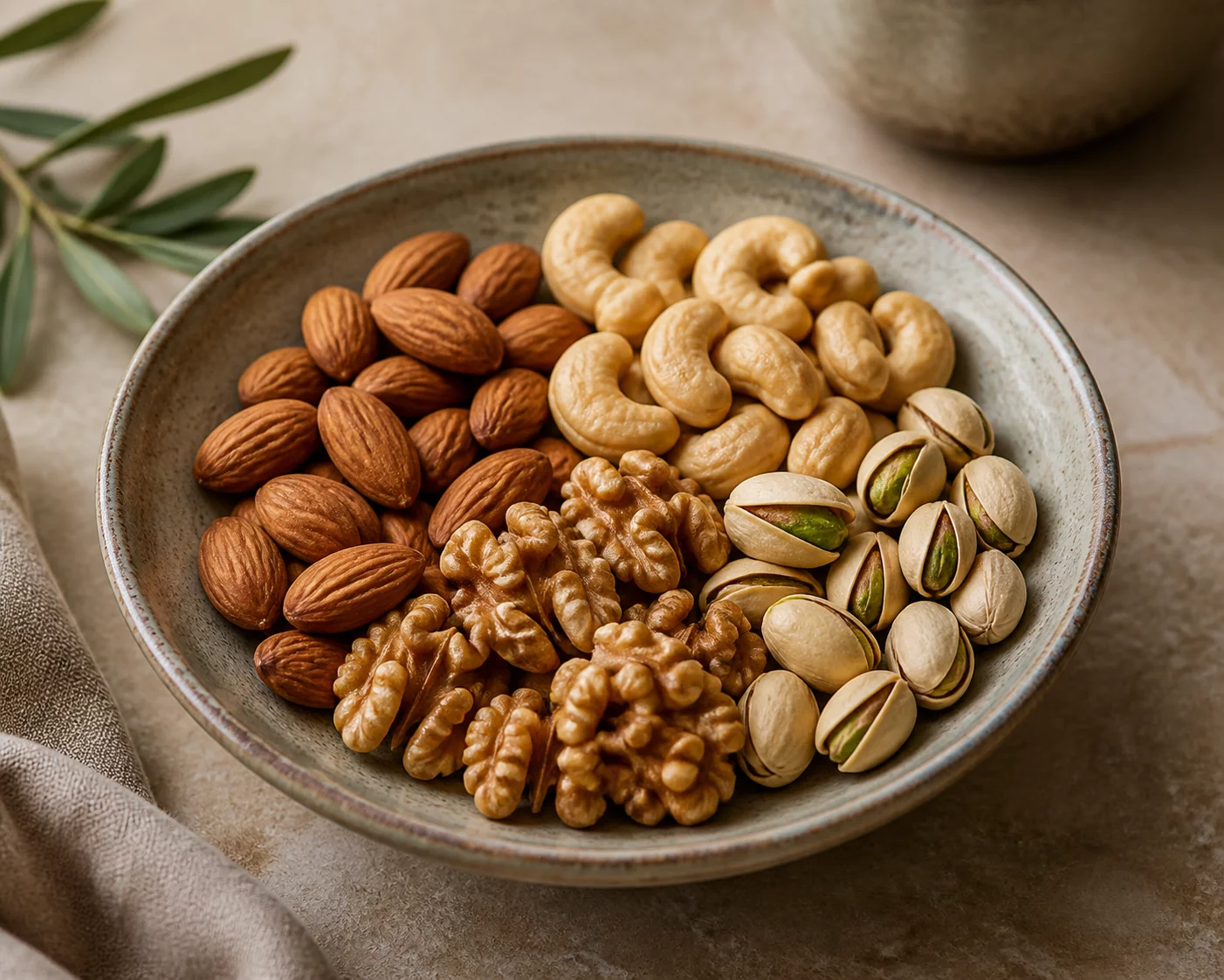 Fresh assortment of gourmet nuts in a ceramic bowl