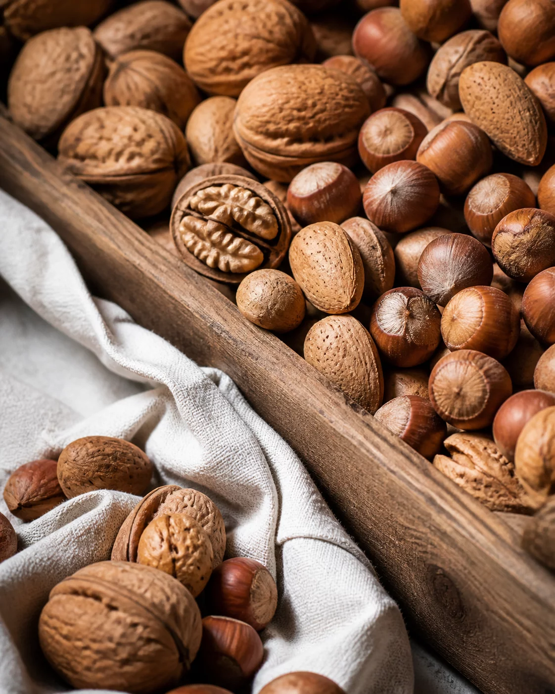 Freshly harvested raw nuts being hand-sorted