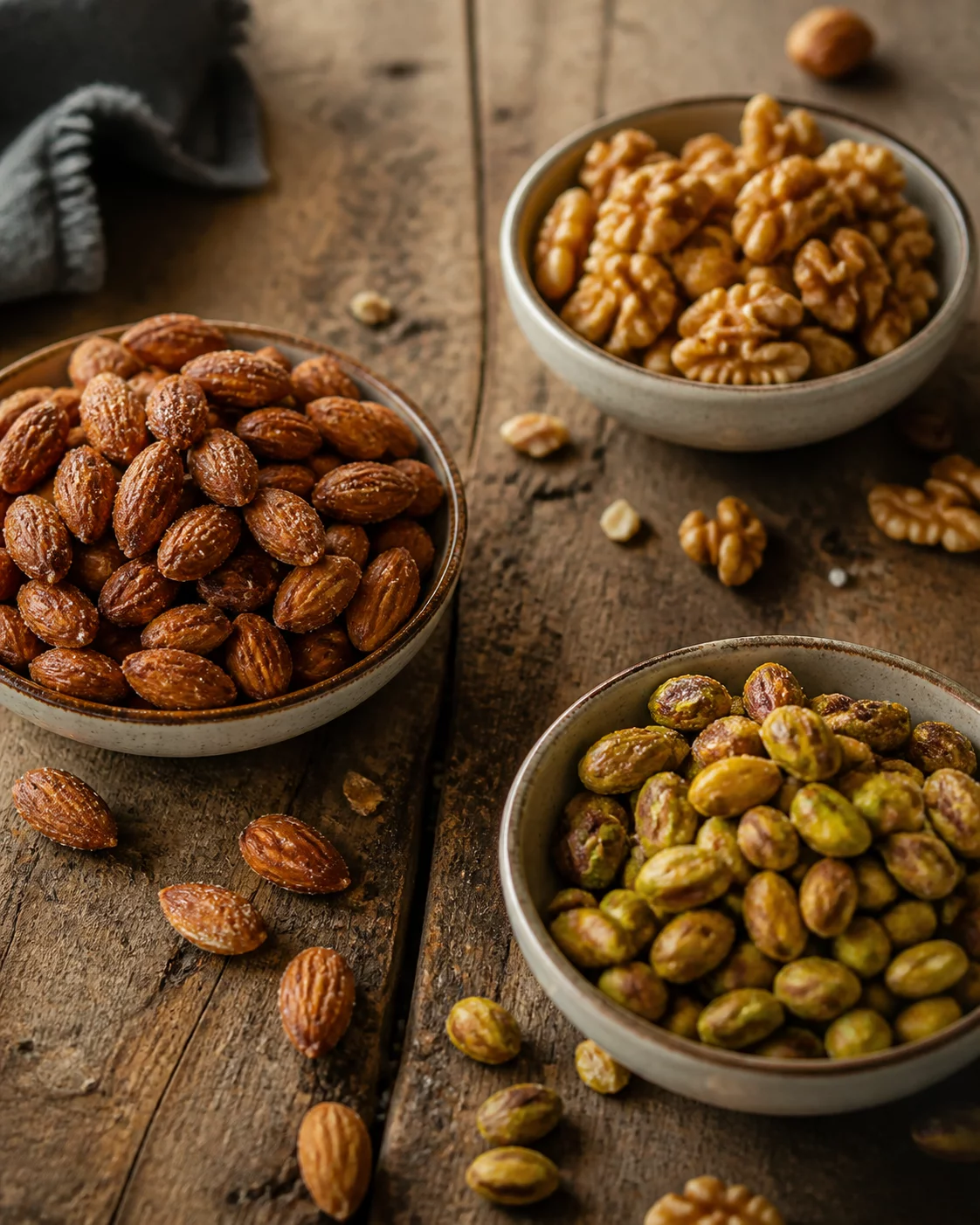 Craft roasted nuts hand sorting on a wooden table