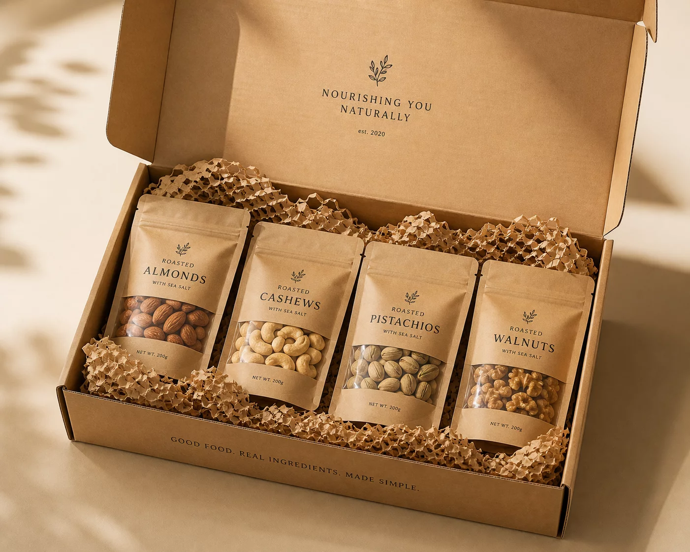 Novo Nuts artisanal packaging and eco-friendly delivery box